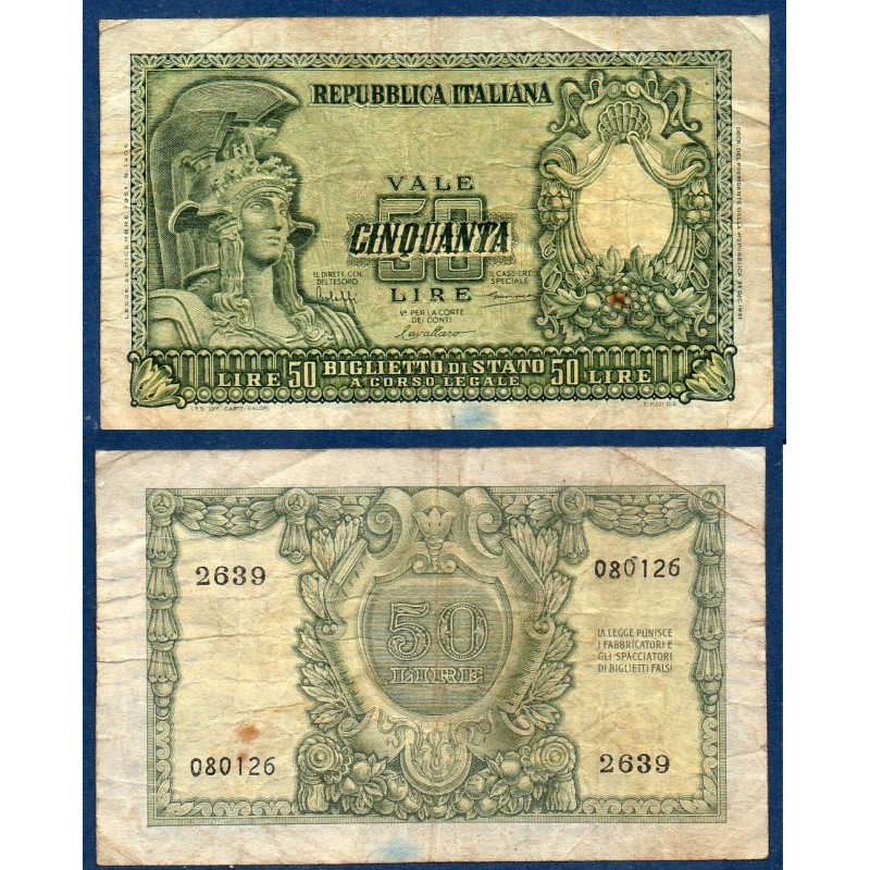 Italie P.91a, TB Billet de 50 Lire 1951 Athéna