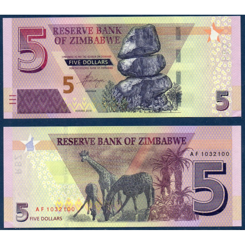 Zimbabwe Pick N°102, Billet de banque de 5 Dollars 2019