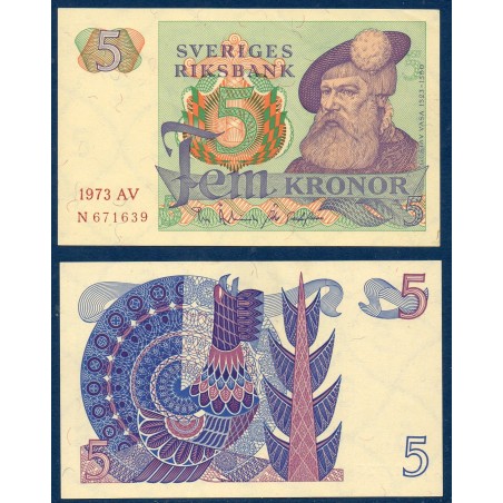 Suède P.51c, Neuf, Billet de 5 Kronor 1972-1977 Gustave Ier