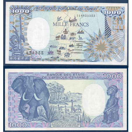 Congo P.10a, Spl, Billet de 1000 francs  1987-1989 éléphants