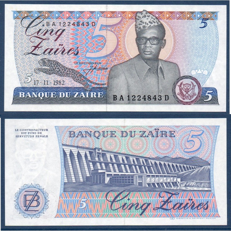 Zaire P.26a, Neuf, Billet de 5 Zaires 1982 Mobutu Sese Seko