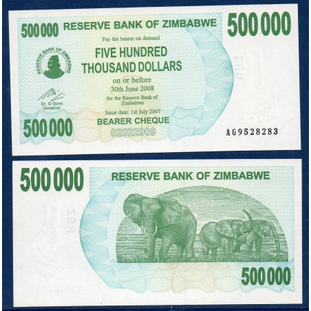 Zimbabwe P.51, Neuf, Billet de 500000 Dollars 2007 Eléphants