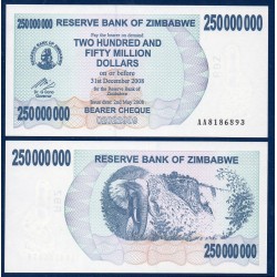 Zimbabwe P.59, Neuf, Billet de 250 Millions Dollars 2008 Azurin