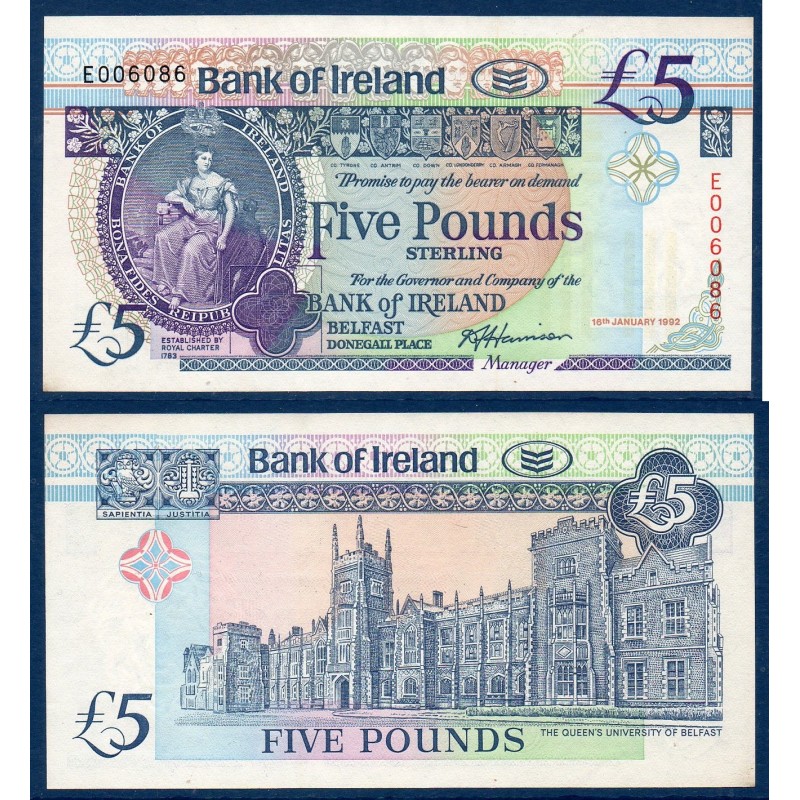 Irlande du nord P.70b, Neuf Billet de 5 pounds 1992 hibernia