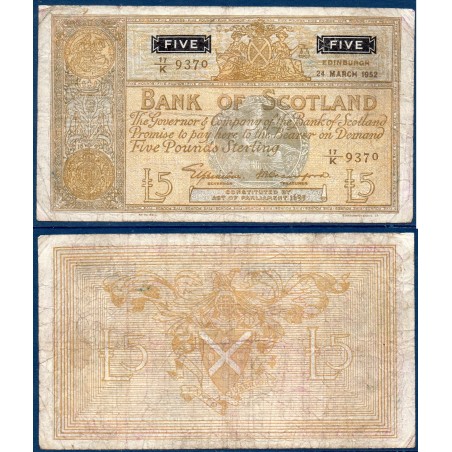 Ecosse P.98a, TB Billet de 5 pounds 24.3.1952 médaillon