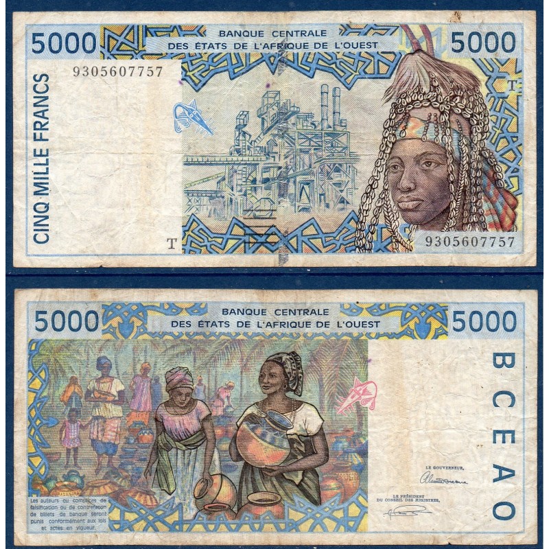 BCEAO P.813Tb Togo, TB, Billet de 5000 Francs CFA 1993 villageois