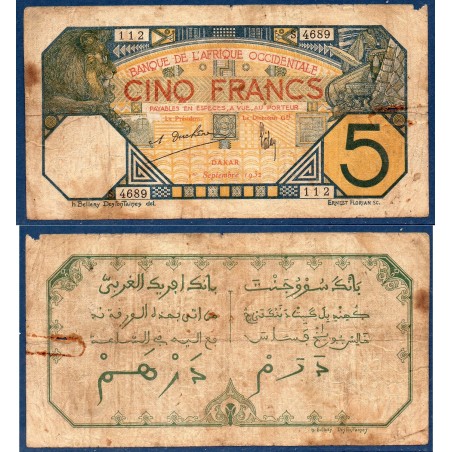 AOF P.5Bf, B Billet de 5 Francs 1.9.1932 Dakar