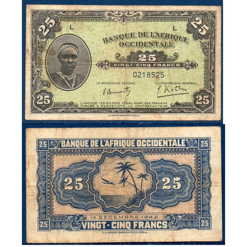 AOF P.30a, TB Billet de 25 Francs CFA 14.12.1942 Palmiers