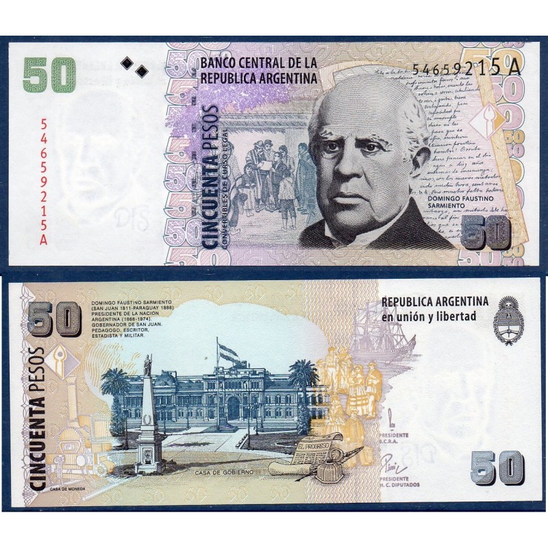 Argentine P.350, neuf Billet de 50 Pesos 1999-2003 Domingo Sarmiento