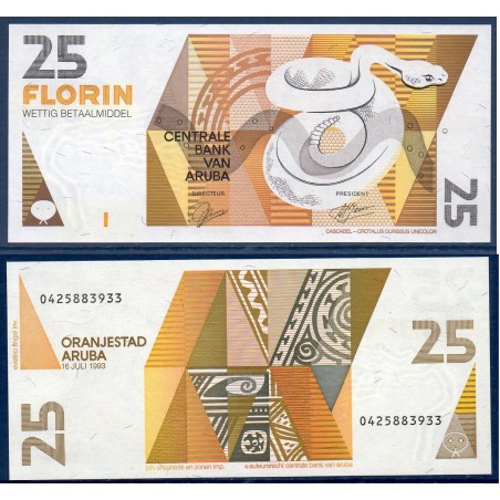 Aruba P.12, neuf Billet de 25 Florin 1993 serpent