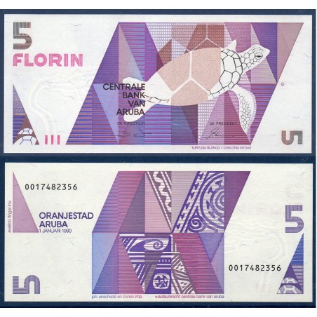 Aruba P.6, neuf Billet de 5 Florin 1990 Tortue