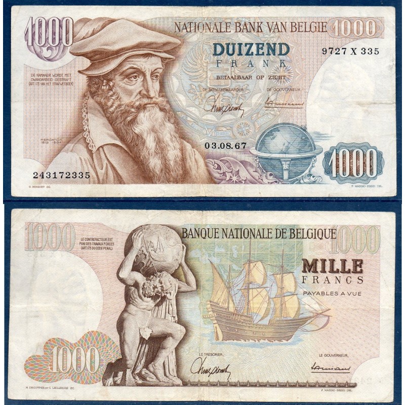 Belgique P.136a, TTB Billet de 1000 Francs 3.8.1967 Mercator