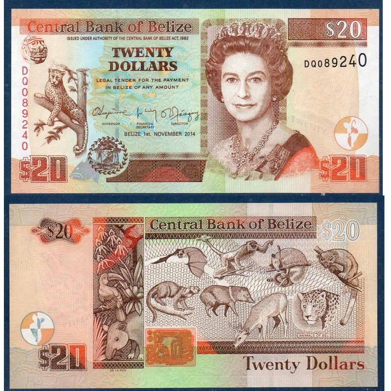 Belize P.69e, neuf Billet de 20 dollars 2014 animaux