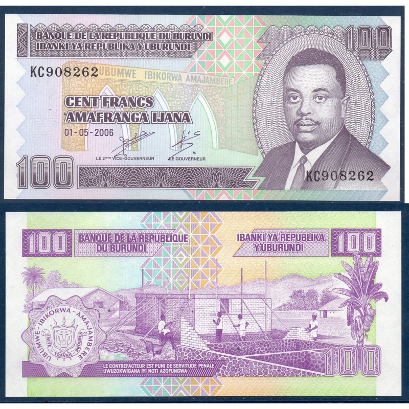 Burundi P.37e, Neuf, Billet de 100 Francs 2006 Rwagasore Construction