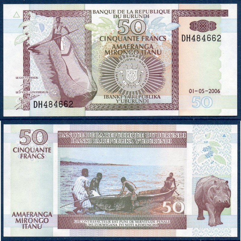 Burundi P.36f, Neuf, Billet de 50 Francs 2006 hippopotame