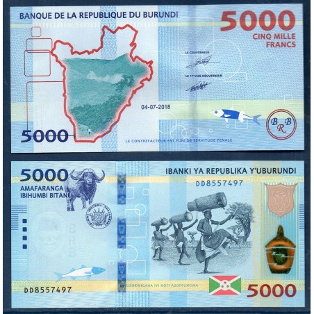 Burundi P.53b, Neuf, Billet de 5000 Francs 2018  Buffle danseurs