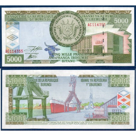 Burundi P.42b, Neuf, Billet de 5000 Francs 2003 port Bujumbura