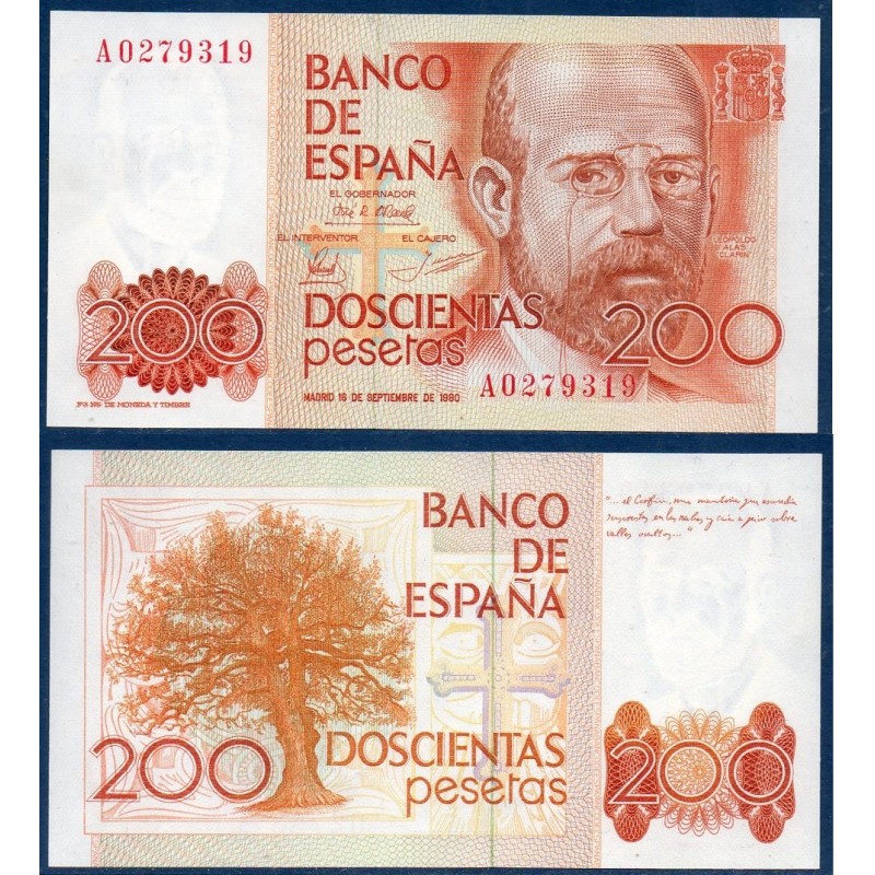 Espagne P.156, neuf Billet de 200 pesetas 1980 Leopoldo Alas