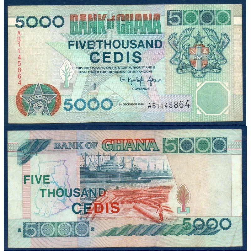 Ghana P.34a, TTB, Billet de 5000 Cedis 1996 Grumier