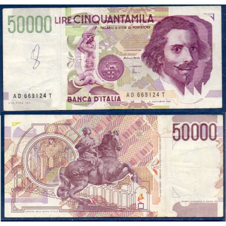 Italie P.116c, TTB ecrit Billet de 50000 Lire 1997-1999 Bernini