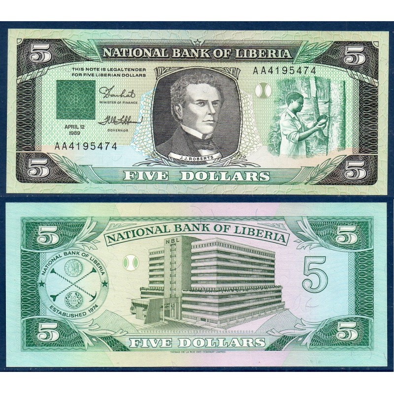 Liberia P.19, Neuf, Billet de 5 Dollars 1989 Jenkins Roberts