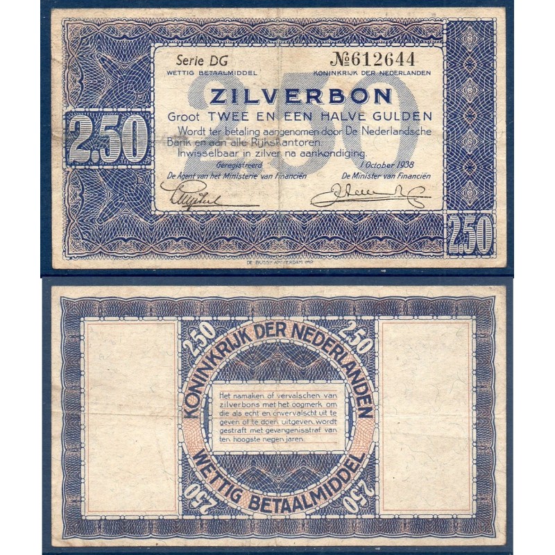 Pays Bas P.62, TB, Billet de 2 1/2 gulden 1938 Indigo