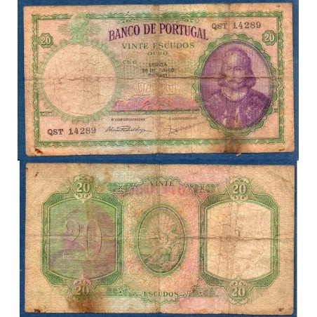 Portugal P.153a, B, Billet de 20 Escudos 1951 De Menezes