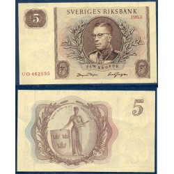 Suède P.50b, Sup, Billet de 5 Kronor 1963 Gustaf VI