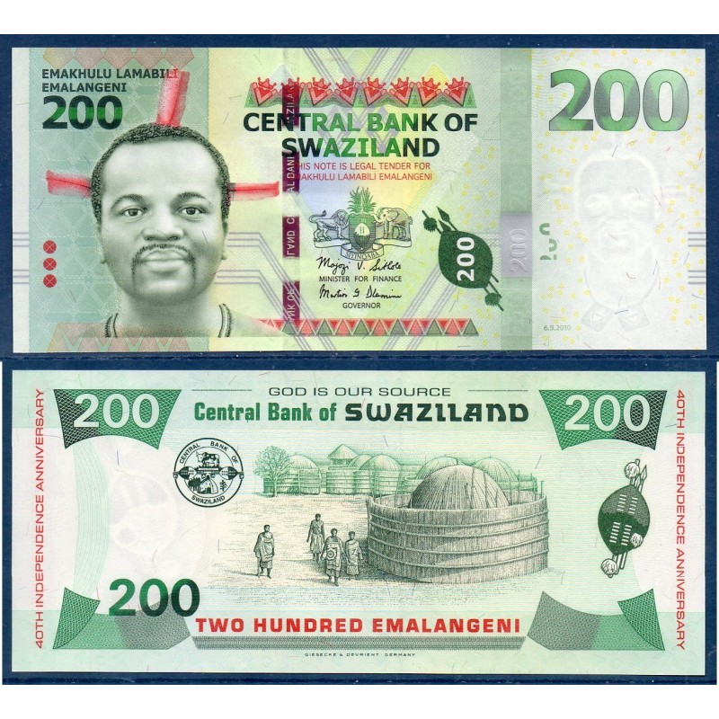 Swaziland P.40a, Neuf, Billet de 200 emalangénie 2010 Huttes