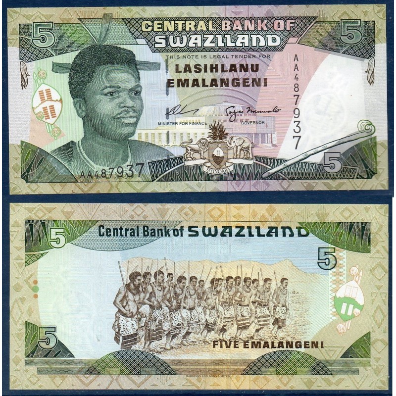 Swaziland P.23a, Neuf, Billet de 5 emalangénie 1995 Mswati III