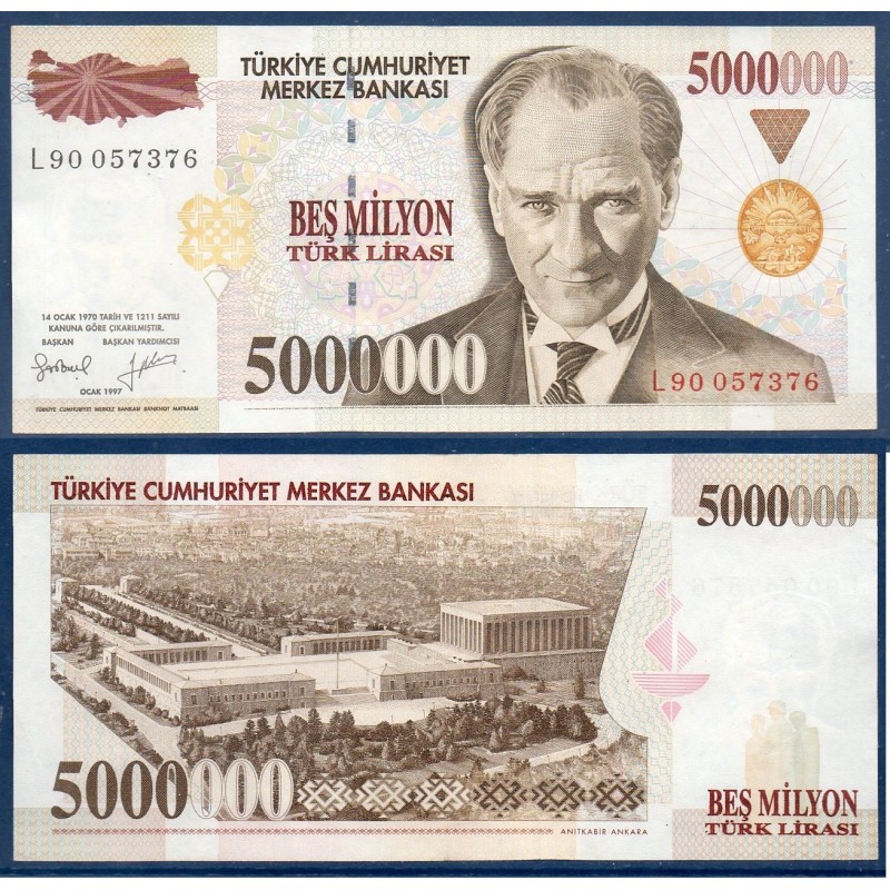 Turquie P.210b, Spl Billet de 5000000 Lira 1997 mausolée