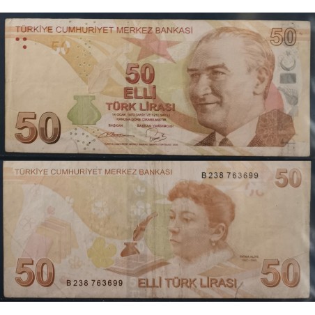 Turquie P.225b, TB Billet de 50 Lira 2009 Fatma Aliye