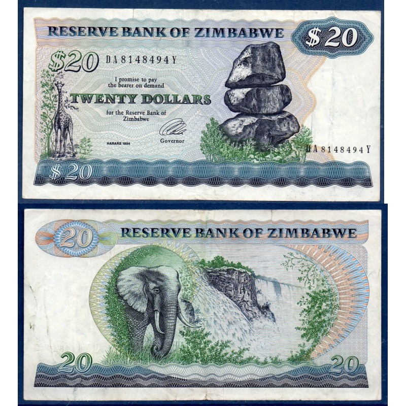 Zimbabwe P.4d, TTB, Billet de 20 Dollars 1994 Eléphant