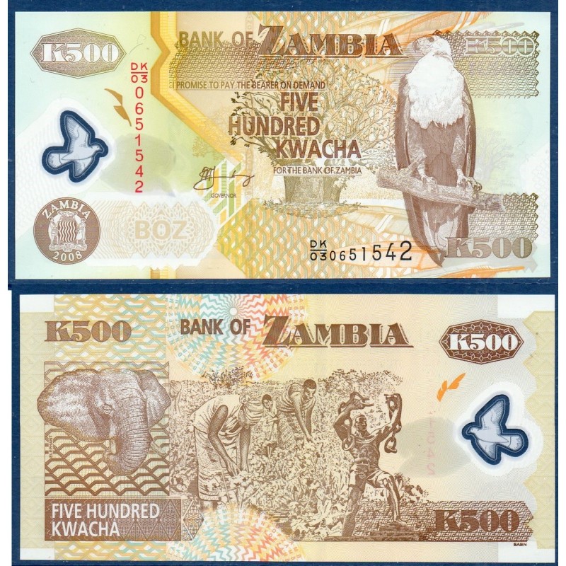 Zambie P.43f, Neuf, Billet de 500 Kwacha 2008 Polymère