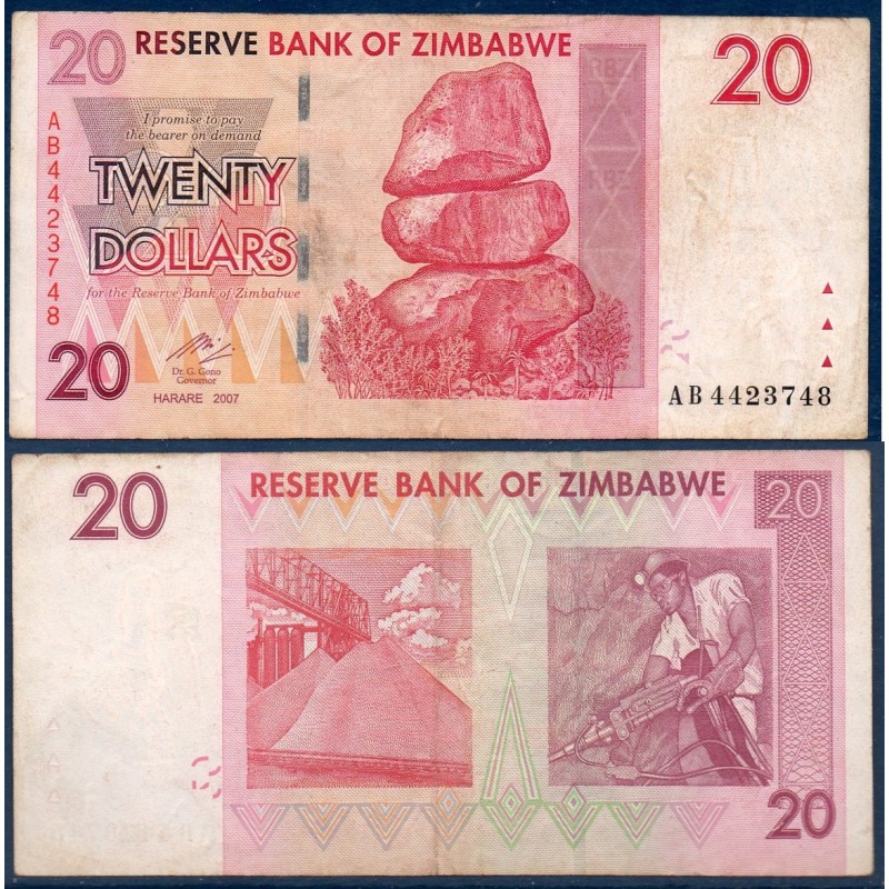 Zimbabwe P.68, TB, Billet de 20 Dollars 2007 mineur