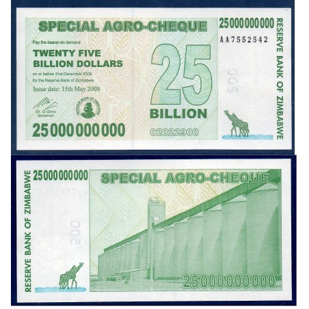 Zimbabwe P.62, Neuf, Billet de 25 milliards de Dollars 2008 Silos