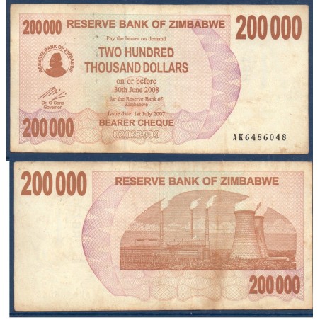 Zimbabwe P.49, TB Billet de 200000 Dollars 2007 Usine