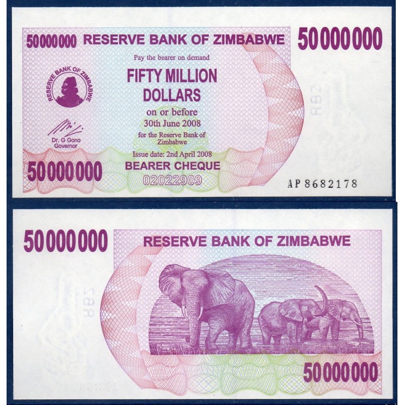 Zimbabwe P.57, Neuf, Billet de 50 millions Dollars 2008 Améthyste