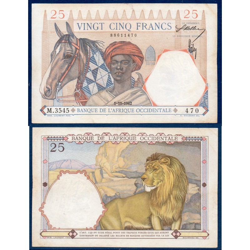 AOF P.27, Sup- Billet de 25 Francs CFA 1.10.1942 cheval