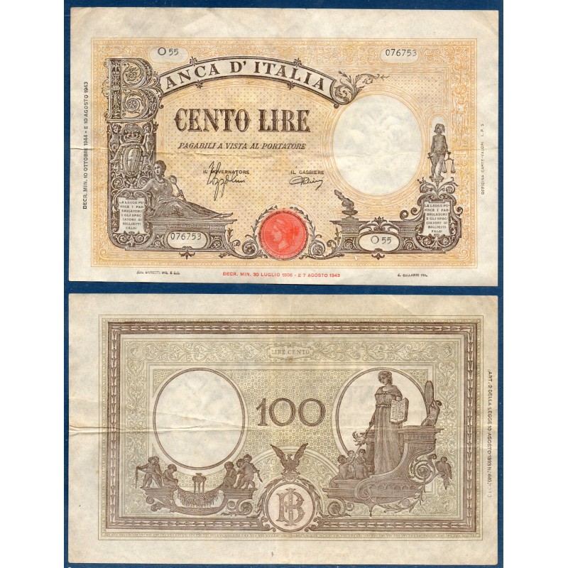 Italie P.67a, TTB Billet de 100 Lire 23.8.1943 Justice Science