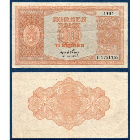 Norvège P.26l, TTB Billet de 10 Kroner 1951 armoiries marron