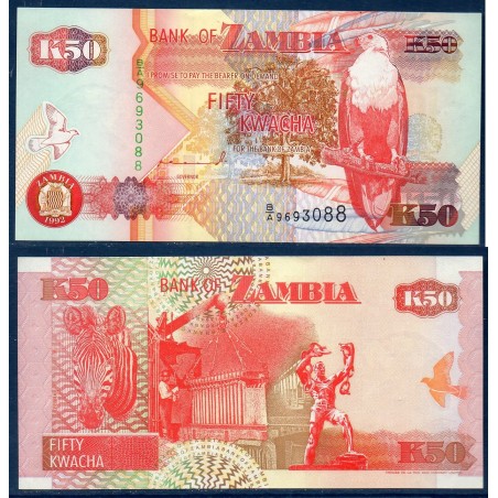 Zambie P.37a, Neuf, Billet de 50 Kwacha 1992 Zèbre