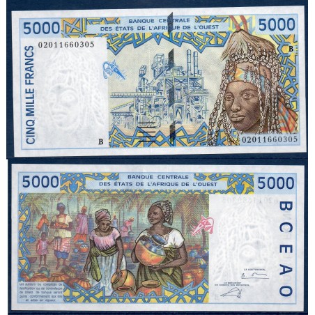 BCEAO P.213Bl Benin, Neuf Billet de 5000 Francs CFA 2002 villageois