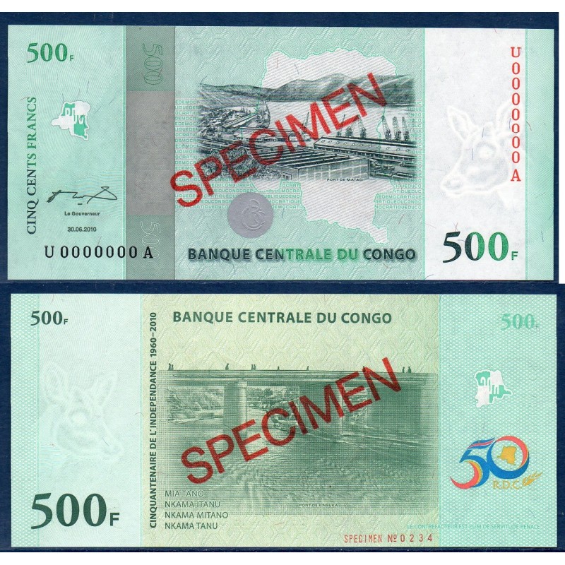 Congo P.100s, Neuf, specimen, Billet de 500 Francs 2010 pont