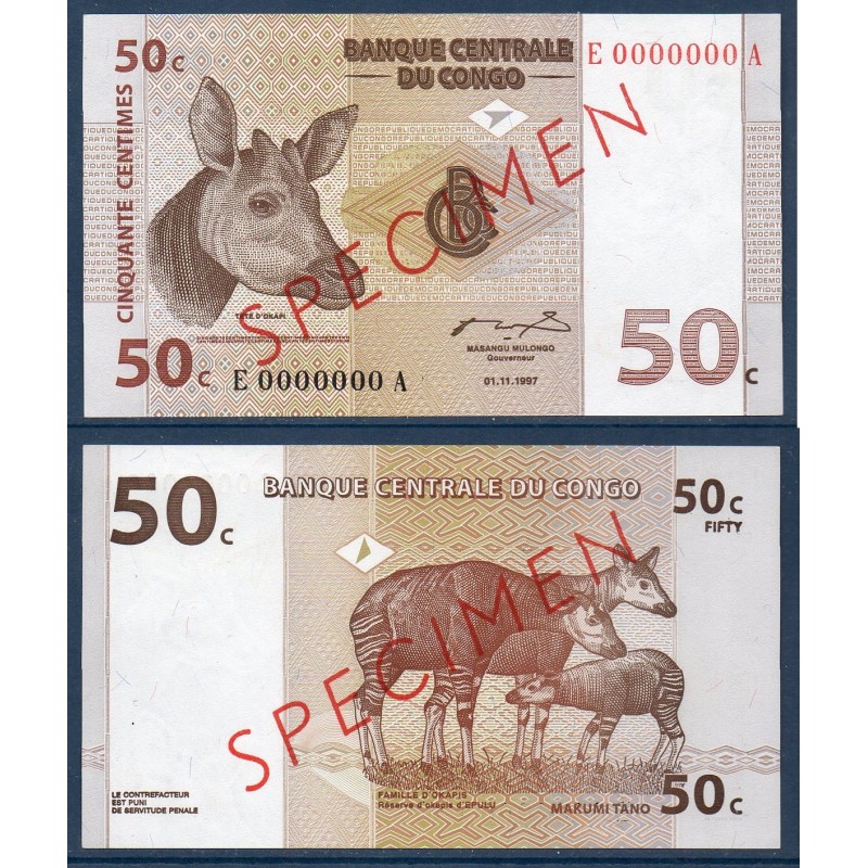 Congo P.84As, Neuf, Specimen Billet de 50 centimes 1997 Okapis