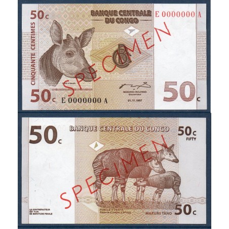 Congo P.84As, Neuf, Specimen Billet de 50 centimes 1997 Okapis