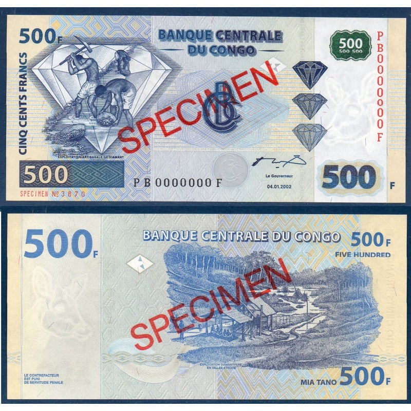 Congo P.96s, Neuf, Specimen Billet de 500 Francs 2002 Exploitation diamants