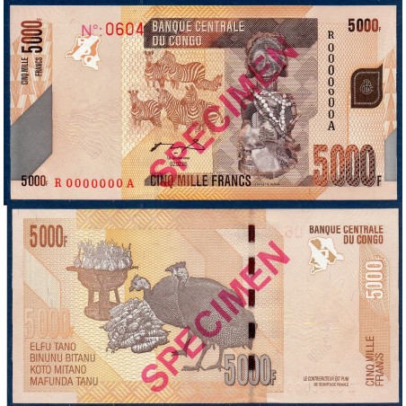 Congo P.102s, Neuf, Specimen Billet de 5000 Francs 2005 Zèbres