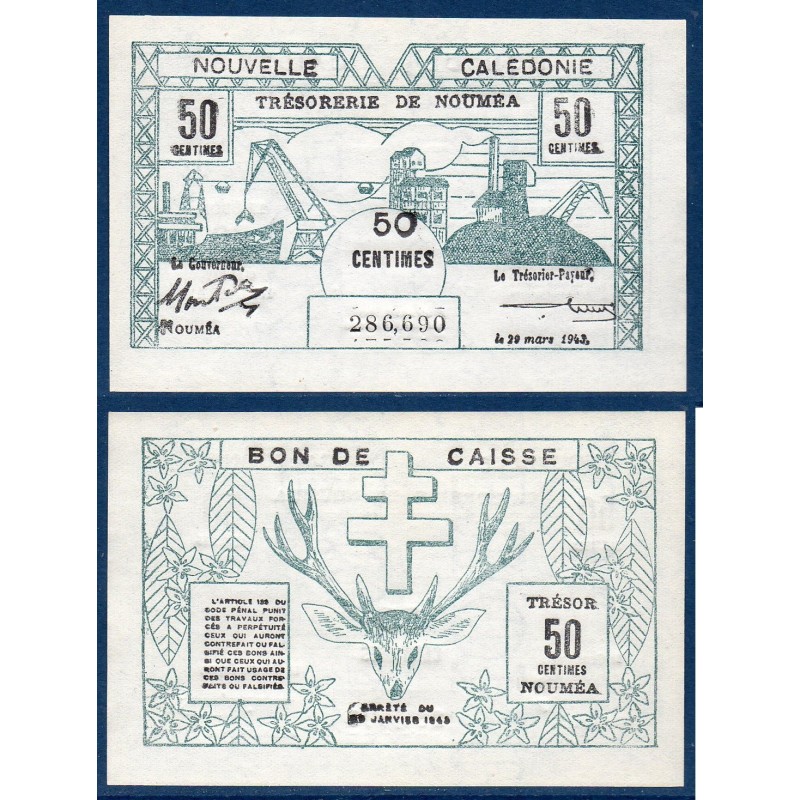 Nouvelle Calédonie P.54, Neuf Billet de 50 centimes 1943 tresorerie