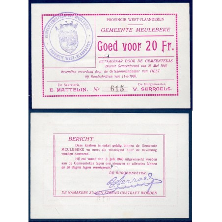 Belgique West-Vlaanderen, bon pour 20 Francs 1940